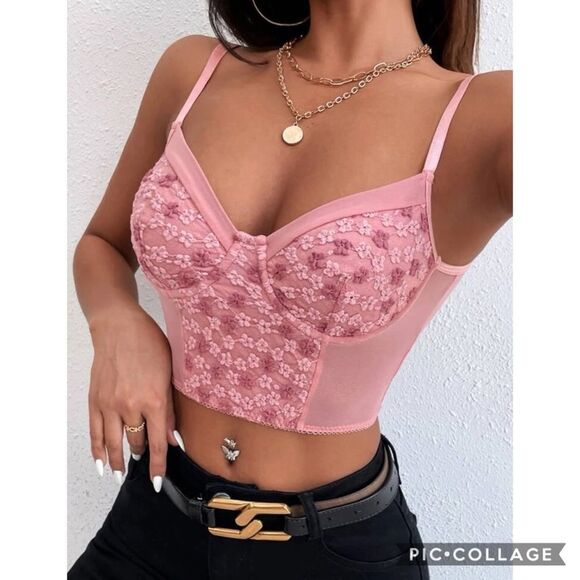 Y2K Barbie Core Floral Embroidered Bustier Seashell Cup Cami Top Size Large - Picture 2 of 5